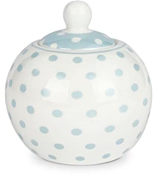 ISABELLE ROSE Azucarero de porcelana de hueso blanco con lunares celestes, 9 x 9,5 cm