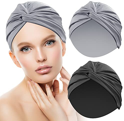OTTYMO 2 Stück Kopftücher Damen Kopftuch Polyester Baumwolle Kopfbedeckung Chemo Satin Bonnet Hijab Weiche Turban-Kappen Dünne Nachtmütze Kopftücher für Krebspatienten-Schwarz/Grau