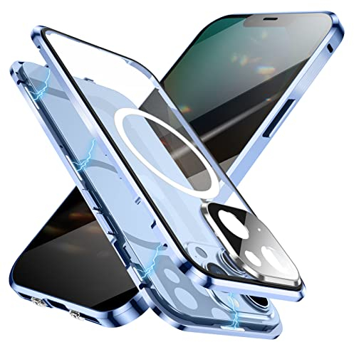 Jonwelsy Anti Peeping Hülle für iPhone 13 6.1 Zoll Kompatibel mit Magsafe Case 360 Grad Doppelte Seiten Schutz Vorne Privacy Glas Cover Magnetische Adsorption Metall Stoßstange Handyhülle (Blau)