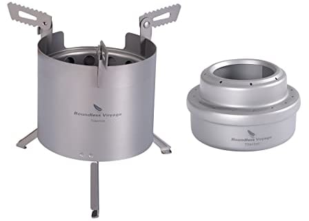 iBasingo Ultralight Titanium Camping Stove - Dual Fuel (Wood & Alcohol) Backpacking Stove with Foldable Legs - Compact Cooker for Solo Hikers & Survival Gear
