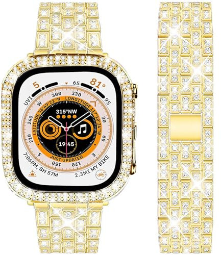 DEALELE Correa compatible con iWatch Ultra de 49 mm, pulsera de metal con diamantes de imitación brillantes con funda protectora de repuesto para Apple Watch Ultra de 49 mm, dorada, 1.49 pulgadas