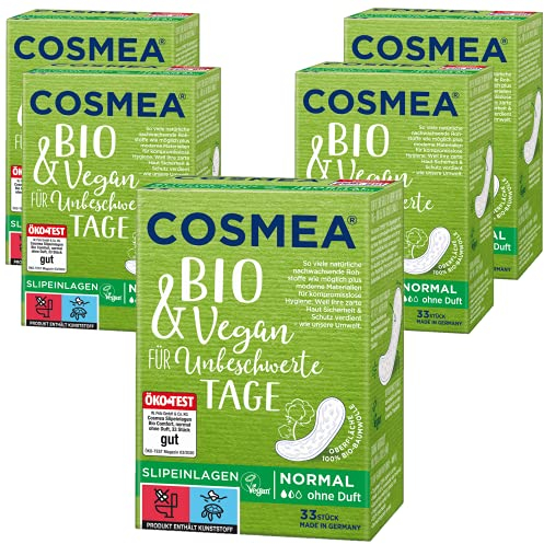 COSMEA Bio Slipeinlagen Normal, ohne Duft, Vorteilspack (5 x 33 Stk) Hygiene-Einlagen im Einklang mit der Natur, made in Germany