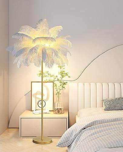 YQGOO Stehlampe Led Dimmbar,Stehlampe Gold Federn Lampe,Palm Tree Straußenfedern Stehlampen,1,6m Hoch 3 Farben,Wohn/Schlafzimmer mit Knopfschalter Dekorbeleuchtung,Weiß…