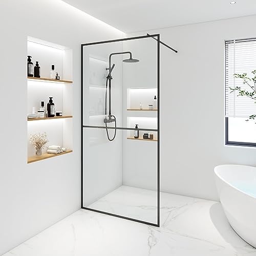 HOME DELUXE - Duschabtrennung - BAKI - Breite: 120 cm, Schwarzer Rahmen, Klarglas, 2 Raster Optik - 10 mm ESG - Sicherheitsglas I Walk in Dusche, Duschwand, Duschtür