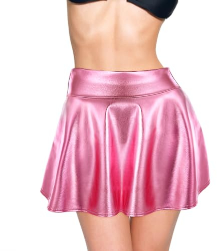 Damen Metallischer Faltenrock Mini Skater Minirock Shiny Glitzer Rock für Ausgestellter Faltenrock Hohe Taille Glitzerrock Nasser Karnevals Halloween Skater Rock Metallic für Damen und Mädchen (Rosa)