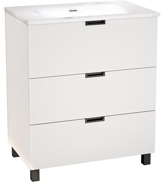 Baikal Mueble de Baño Tail. Conjunto de Baño de 3 Cajones con Patas, Apertura Mediante Triple uñero. Incluye Lavabo Cerámico. Mueble de Fondo de 46cm. Mueble MONTADO. Sin Espejo 70 cm Blanco