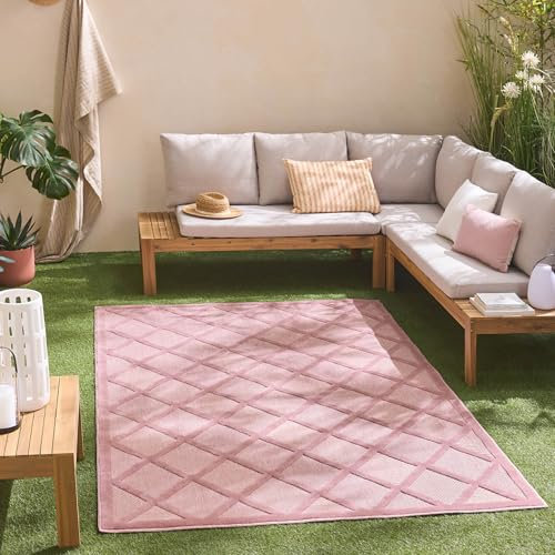 Nazar Tapis Salon Santorini, Interieur Exterieur, Moderne, Blanc, Beige, Gris, Noir, Turquoise, Jaune, Rose, Motif Relief, Poils Court et Doux (991 Rose, 80x150 cm)