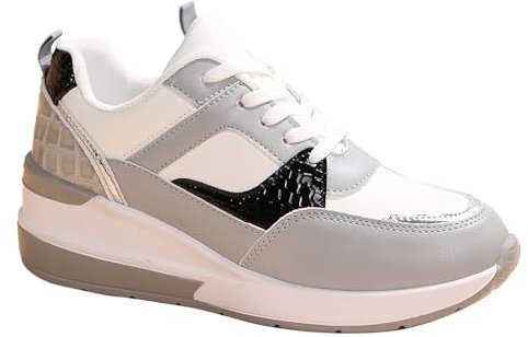 Genérico Bambas Negras sólido Malla Transpirable Punta Redonda con Cordones Parte Superior Plana Zapatillas Fascitis Plantar Mujer (Grey, 42)