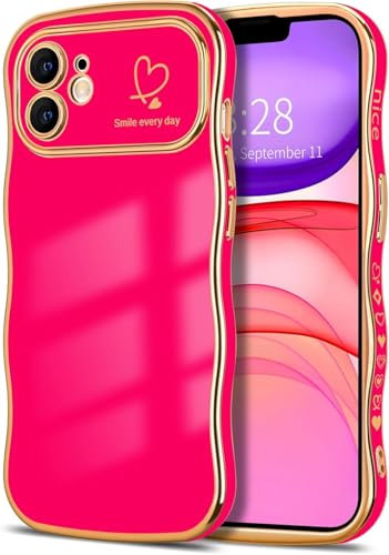 Riccase for iPhone 12 Case Lens Protection for Women Girls Shockproof Cute Wave Frame Curly Shape Plated Love Heart Phone Case for iPhone 12, Hot Pink