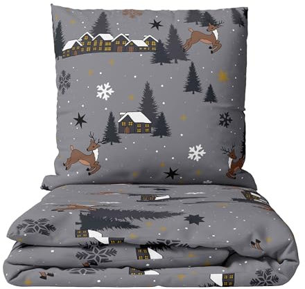 Leonado Vicenti Fleece Bettwäsche 135x200 cm 2 teilig Warm Winter Elch Schneeflocken Sterne Grau flauschig weich Reißverschluss