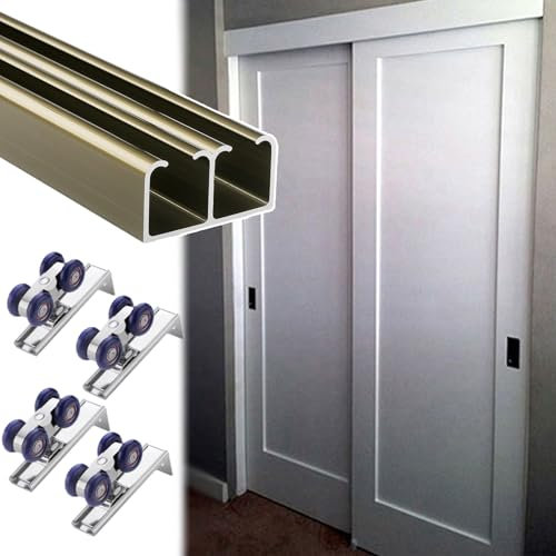 Guia Puerta Corredera Kit de Herrajes para Puertas Corredizas de Granero con Doble Bypass, Riel y Rodillos para Puertas Corredizas de Bolsillo de Aluminio, Juego de Rieles para Puertas Corredizas de G