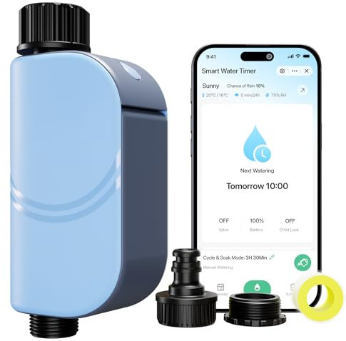 ezAIoT Programador Riego Automático WiFi con Caudalímetro, Temporizador Riego por Volumen y Tiempo controlado por App, Retraso por Lluvia, Sin Gateway, Para Jardín y Césped