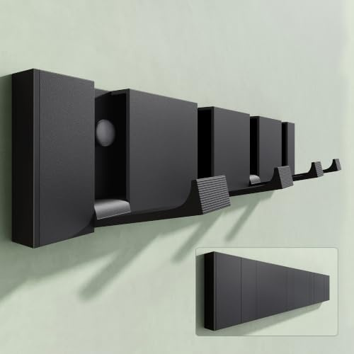 Mai & Mai Garderobenleiste aus Aluminium Wandgarderobe 4 Klapphaken | 30,4cm Kleiderhaken klappbar Garderobenhaken zum Kleben oder Bohren, Wandhaken für Flur & Bad, Küche, Schwarz