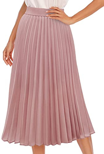 DRESSTELLS Plissee Rock Damen Chiffon Maxi Langer Faltenrock A-Linie Hohe Taille Festlicher Midi-Rock Casual Strandrock Blush S
