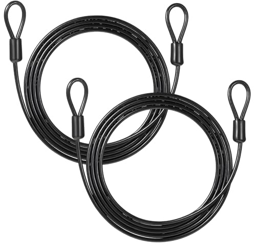 Lot de 2 câbles à boucles en acier avec œillets, 2 m x 4 mm, câble antivol noir, câble métallique avec œillets, câble de sécurité pour antivol de vélo, câble en acier gainé en plastique pour remorque