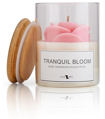 Simply MLC Tranquil Bloom Scented Candle – Rose, Geranium & Eucalyptus Aromatherapy – 227g Soy Wax Hand Poured, Glass Jar with Lid, Cotton Wick, Medium Strength, 40hr Burn, Luxury Romantic Gift