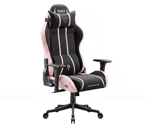 Diablo Gaming Stuhl Stoff für Kinder und Jugendliche mit 3D Armlehnen | Jugend Gaming Chair, kleiner Bürostuhl mit Lendenkissen, Kopfstütze, 140° Rückenlehne und atmungsaktivem Stoff