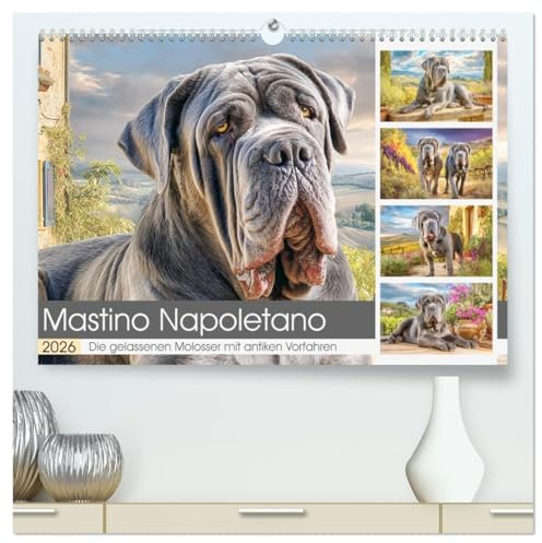 Mastino Napoletano. Die gelassenen Molosser mit antiken Vorfahren (hochwertiger Premium Wandkalender 2026 DIN A2 quer), Kunstdruck in Hochglanz: Der ... sich hier stolz vor der Kulisse der Toskana.