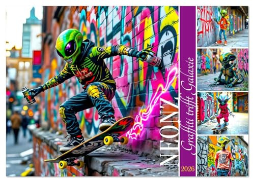 NEONZ - Graffiti trifft Galaxie (Wandkalender 2026 DIN A4 quer), CALVENDO Monatskalender