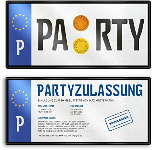 gestaltenlassen.com (100 x) Einladungskarten Geburtstag Nummernschild Auto Schild Plakette Einladungen
