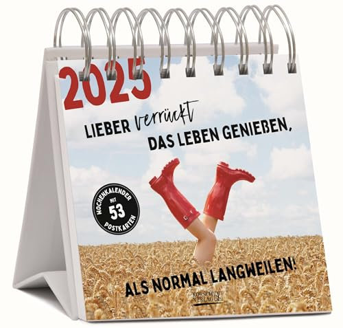 Lieber verrückt das Leben genießen 2025: Aufstellbarer Foto-Postkartenkalender. Jede Woche eine neue lustige Foto-Spruch-Kombination. Hochwertiger Wochenkalender für den Schreibtisch