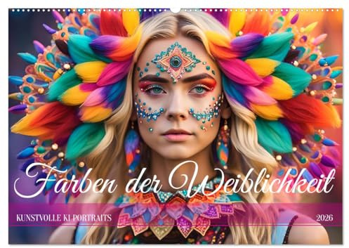 Farben der Weiblichkeit - Kunstvolle KI Portraits (Wandkalender 2026 DIN A2 quer), CALVENDO Monatskalender: Bunt bemalte Gesichter. (CALVENDO Menschen)