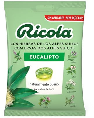 Ricola - Eucalipto, Caramelos Duros, Refresca y Alivia la Garganta y las Vías Respiratorias, con Aceites Esenciales de Menta, Eucalipto y 13 Hierbas Suizas, Sin Azúcar, con Edulcorante - Bolsa 70 g