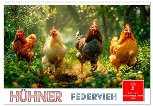 Hühner Federvieh (Wandkalender 2026 DIN A2 quer), CALVENDO Monatskalender: Liebenswerte bunte eierlegende Haustiere (CALVENDO Tiere)