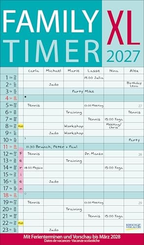 XL Family Timer 2027: Familienplaner mit 6 breiten Spalten. Hochwertiger Familienkalender mit Ferienterminen, extra Spalte, Vorschau bis März 2027 und nützlichen Zusatzinformationen.