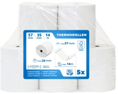 5 x EC Cash Thermorollen - Breite: 57 mm – Durchmesser: 35 mm - Hülsendurchmesser: 12 mm – Länge: 14 m - für Bondrucker, EC-Terminals, etc.