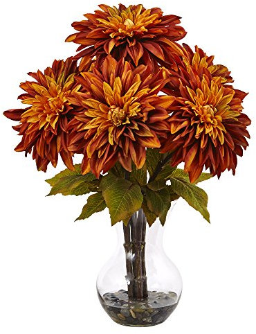 Nearly Natural 1444-OR Dahlia Silk Arrangement with Glass Vase
