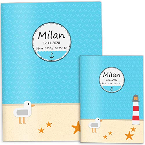 OLGS U-Heft und Impfpasshüllen Set Auf Hoher See | Untersuchungsheft Hülle & Impfpasshülle tolle Geschenkidee mit Namen und Geburtsdatum (U-Heft Set personalisiert, Möwe Leuchtturm)