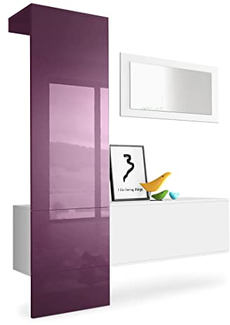 Vladon Garderobe Carlton Set 4, Made in Germany, Garderobenset bestehend aus 1 Garderobenpaneel, 1 Schrankmodul und 1 Wandspiegel, Weiß matt/Brombeer Hochglanz (156 x 193 x 35 cm)