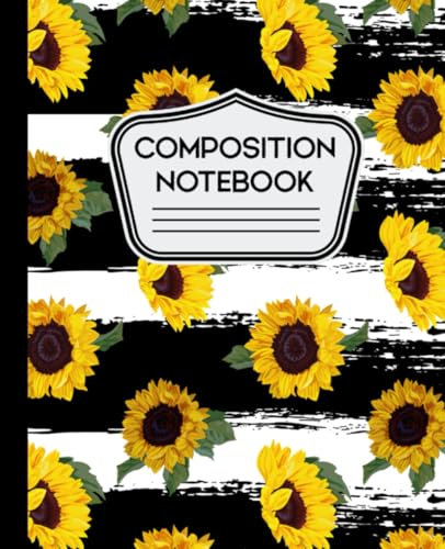 Composition Notebook: Sunflowers Pattern on Black and White Striped Background - 7.5 X 9.25 - Wide Ruled 110 Pages