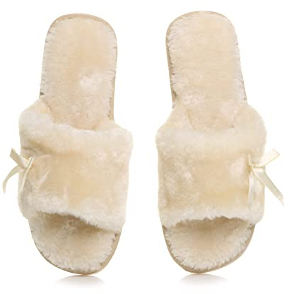 AJVANI Womens ladies flat peep toe bow cosy faux sheepskin fur slip on slippers size