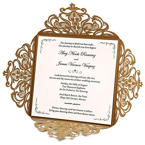 WISHMADE Einladungskarten Für Hochzeit Geburtstag Taufe Quadrat Lasercut Design Spitze Karte inkl Umschläge für Geburtstag Partei Gefälligkeiten (Gold, 50 Stück)