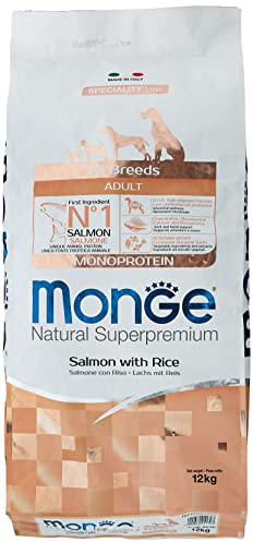 Monge Natural Superpremium Adult Salmon and Rice, Hundefutter für alle Rassen (Trockenfutter für Hunde mit Lachs & Reis, sehr Ballaststoff- & Vitaminreich, 12 kg)