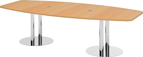 Bümö Konferenztisch oval 280x130 cm großer Besprechungstisch in Buche, Besprechungstisch mit Chromsäulen, Meetingtisch für 10 Personen, XXL-Tisch für Besprechungsraum & Meeting