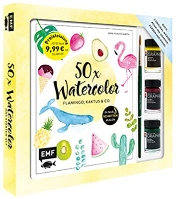 50 x Watercolor – Flamingo, Kaktus & Co. – Starter-Set – Sonderausgabe: Die beliebtesten Aquarellmotive in nur 5 Schritten – Buch, 3 original Marabu Aqua-Ink-Graphix-Farben und Pinsel