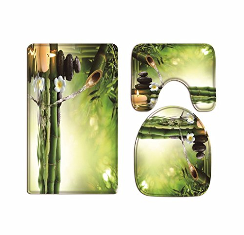 A.Monamour Badezimmer Badematte 3 Teilig Set Yoga Zen Meditation Idee Grün Bambus Wasser Naturlandschaft Teppich Für Die Toilette Flanell Saugfähig Badteppiche Badvorleger Badgarnitur WC Vorleger