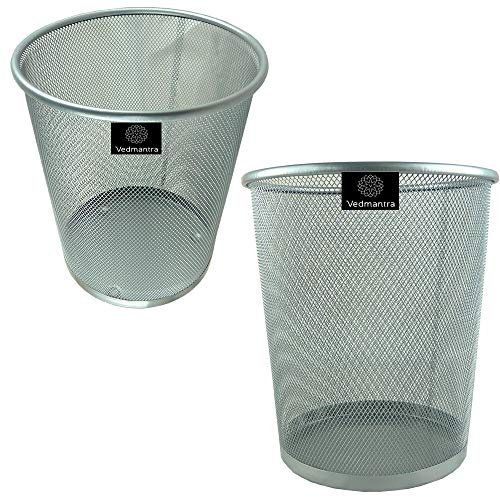 Vedmantra® Circular Metal Wire Mesh Wastebasket Paper Bins - Stable Non Slip Design (Silver)