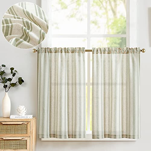 TOPICK Leinen Gestreifte Scheibengardinen Halbtransparent Bistrogardine Sheer Vorhang Privatsphäre Fenstervorhang Gardine für kleine Fenster Küche Bad Wohnzimmer 2er Set 65Bx60H(cm) Grün auf Beige