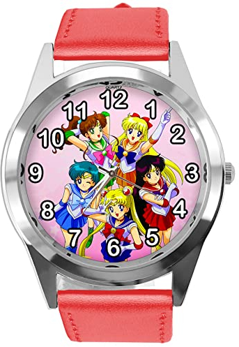 TAPORT Rote Leder Runde Uhr für Manga Fans, rot, Gurt