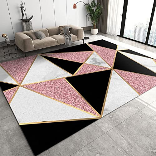 ZONOKI Tapis Salon Texture de Marbre Rose Noir Et Blanc Moderne, Tapis de Sol Interieur Doux à Poils Ras Motif GéOméTrique IrréGulier Doré Abstrait de Luxe - pour Chambre Salle à Manger - 90 x 120 cm