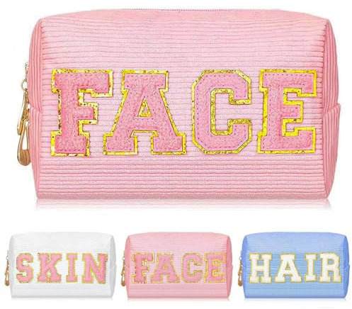 Yoolly Cosmetic Bags for Women, Corduroy Makeup Bag, Chenille Letter Organizer Skin Care Bag, Portable Makeup Pouch with Metal Zipper for Travel Toiletry Girls Gift (FACE-Pink)