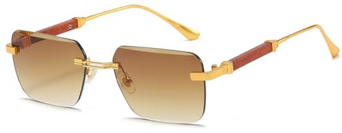 kachawoo Gafas de sol de piernas similares a la madera Sombrillas sin montura Sombrillas metálicas cuadradas Gafas de sol para hombres mujeres Gafas UV400 Lente, dorado con marrón