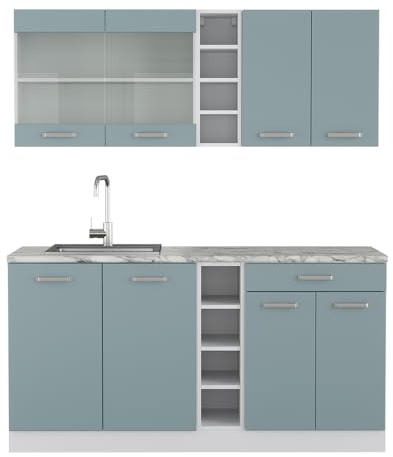 Vicco Singleküche R-Line, Küchenzeile Single, Blau-Grau/Weiß, 160 cm ohne Arbeitsplatte