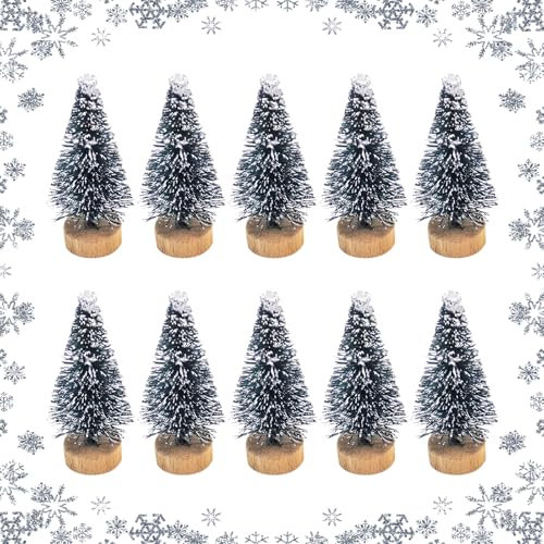 10 Pcs Mini Christmas Trees 6.5cm Small Tabletop Christmas Trees Bottle Brush Christmas Trees Miniature Artificial Pine Trees with Wooden Base for Winter Xmas Home Office DIY Desktop Decoration (A)