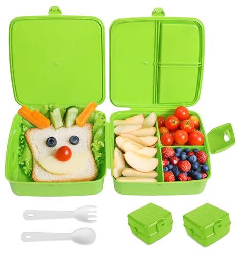 astor24 PREMIUM 2 x Set Bento-Box | 1,4 L | Brotdose Kinder mit Fächer BPA Frei | Auslaufsicher Lunchbox Brotbox für Mädchen & Jungen, Jausenbox mit Besteck für Schule (2 x Grün)