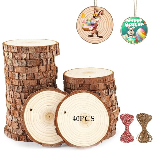 YQBFTC 40 PCS Natürliche Holz Log Scheiben 5-6cm mit Baumwollfaden,Holzscheiben zum Basteln,Holzscheiben mit Loch,Kiefernholz Astscheiben für DIY Kunst/Hochzeit Mittelstücke/Osterdekoration